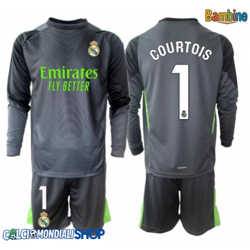 Maglie da calcio Real Madrid Thibaut Courtois #1 Portiere Terza Maglia Bambino 2025-26 Manica Lunga + Pantaloni corti)